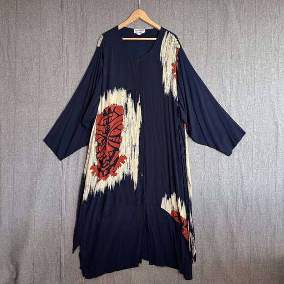 90s Vintage Fashion Fantasy Navy Blue Artsy Oversized Maxi Duster Dress One Size - Picture 1 of 11
